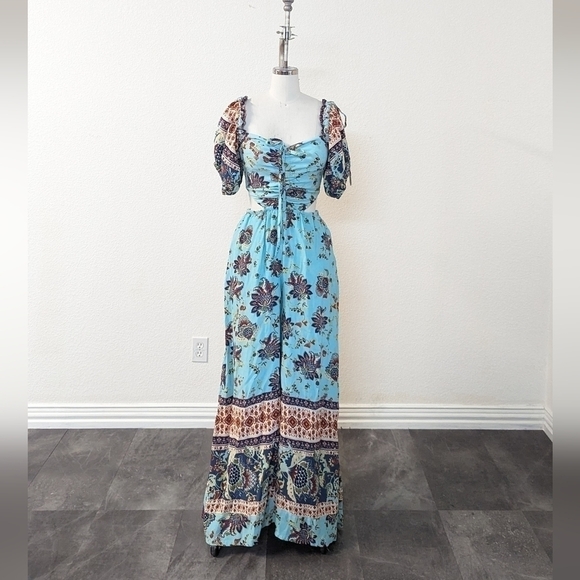 NEW Free People Floral Puff Sleeve Smock Back Split Leg Jumpsuit Blue XS boho - Picture 1 of 11